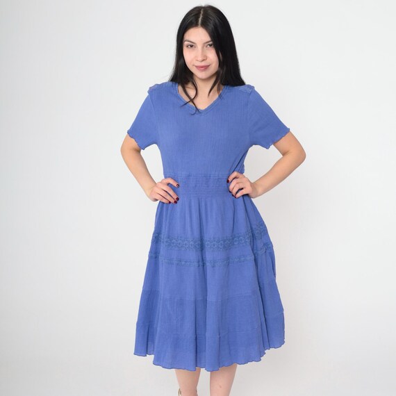 Tiered Boho Dress Y2K Blue Midi Lace Trim Smocked High Waist Short Sleeve Flowy Vintage Cottagecore Bohemian Summer V Neck Medium M