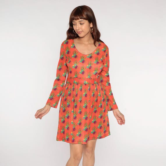 70s Floral Babydoll Dress Bright Coral Orange Psychedelic Print Mini Empire Waist Retro Vintage Avalon Classics Mod Hippie Medium M