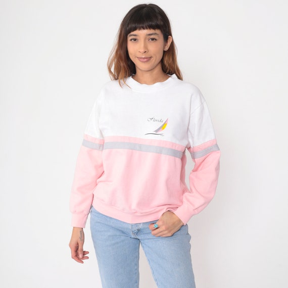 80s Florida Sweatshirt Baby Pink Sailboat Color Block Pullover Sweatshirt White Crewneck Tourist Graphic Grey Striped Vintage 1980s Medium