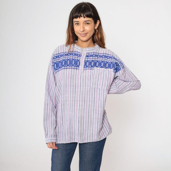 Vintage Striped Baja Pullover Shirt 90s Lavender Blue Pink Woven Cotton Embroidered Yoke Hippie Festival Tunic Top 1990s Long Sleeve Large L