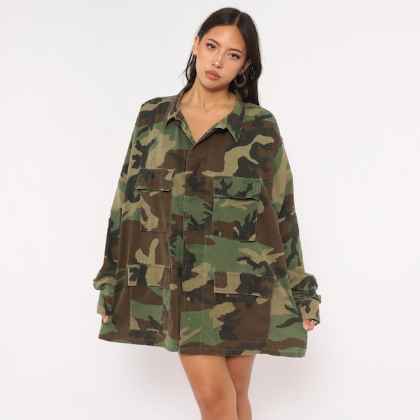 90s Military Jacket Woodland Camo BDU Shirt Camouflage Army Green Combat Field Coat Brown Olive Utility Surplus Uniform Extra Large XL