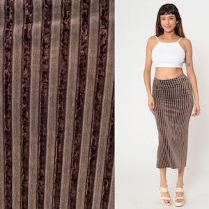 Striped Velour Bodycon Skirt 90s Brown Stretch Velvet Pencil Skirt High Waisted Midi Skirt Party Retro Boho Basic Vintage 1990s Medium M