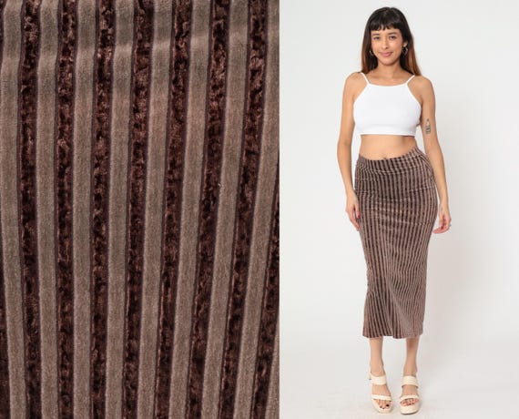 Striped Velour Bodycon Skirt 90s Brown Stretch Velvet Pencil Skirt High Waisted Midi Skirt Party Retro Boho Basic Vintage 1990s Medium M