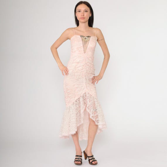Vintage 80s Pink Lace Party Dress Climax Evening Gown Beaded Sequin Ruffled Hem Sweetheart Neckline 1980s Spaghetti Strap Extra Small xs