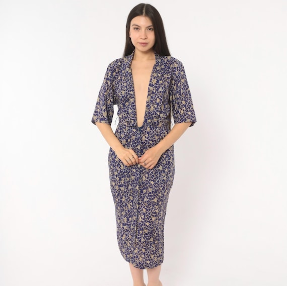 90s Triangle Print Dress Purple Deep V Neckline Front Zip Midi Tan Gold Fitted Side Pocket Elegant Artsy Weird Girl Vintage Extra Small XS