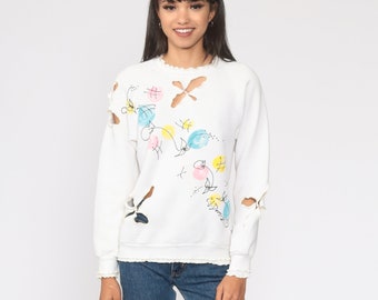 Floral Cutout Sweatshirt 80s White Crewneck Sweatshirt Vintage RAGLAN Sleeve Sweater Cut Out Shirt Graphic 1980s Slouchy Small xs s