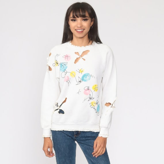 Floral Cutout Sweatshirt 80s White Crewneck Sweatshirt Vintage RAGLAN Sleeve Sweater Cut Out Shirt Graphic 1980s Slouchy Small xs s