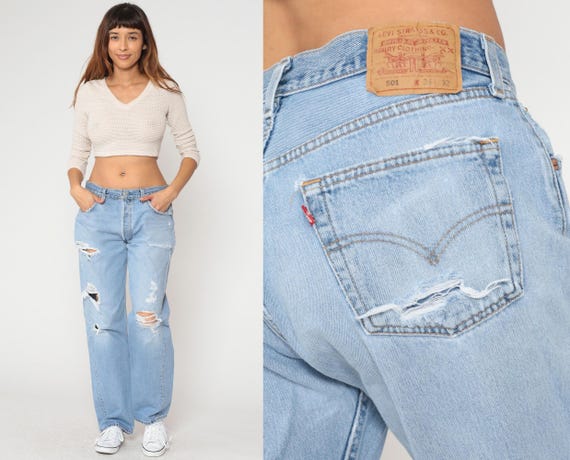 90s Distressed Levi's 501 Jeans Light Blue Denim Ripped Destroyed