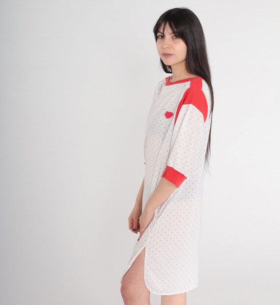 Heart Print Pajama Dress 80s Semi-Sheer White Red… - image 4