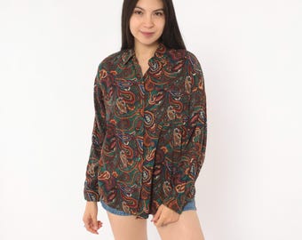 90s Paisley Button Up Shirt Teal Burgundy Blouse Collared Long Sleeve Top Earthy Tone Pattern Women Vintage Copper Rust Forest Green Small S