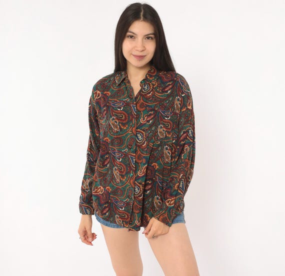 90s Paisley Button Up Shirt Teal Burgundy Blouse Collared Long Sleeve Top Earthy Tone Pattern Women Vintage Copper Rust Forest Green Small S
