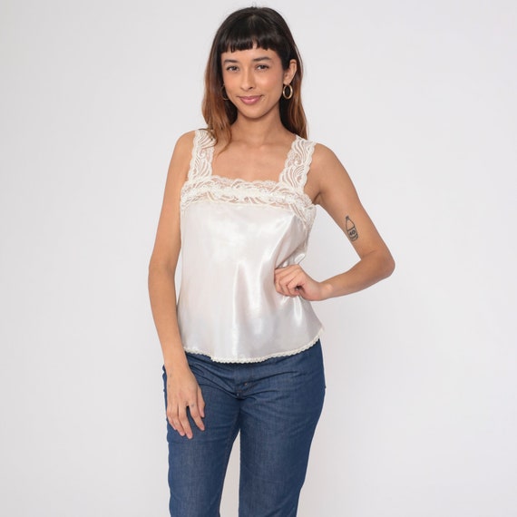 Vintage Christian Dior Camisole Top 80s White Satin Lingerie Top Cream Lace Tank Top 1980s Cami Top Boho Romantic Bohemian Medium