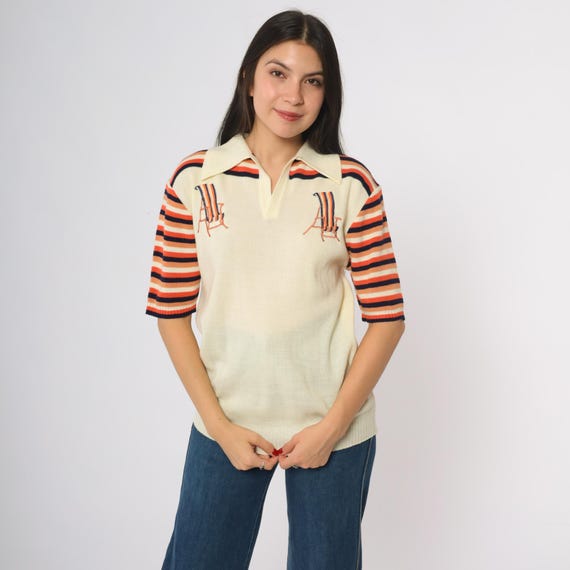 70s Knit Polo Shirt Cream Short Sleeve Striped Orange Navy Pattern Sundowner Retro Collared Top Embroidered Deck Chair Motif Acrylic Large L