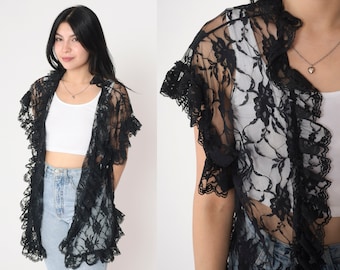 Black Lace Robe 80s Lingerie Jacket Sheer Floral Open Front Kimono Short Sleeve Mini Boudoir Peignoir Goth 1980s Vintage Small Medium Large