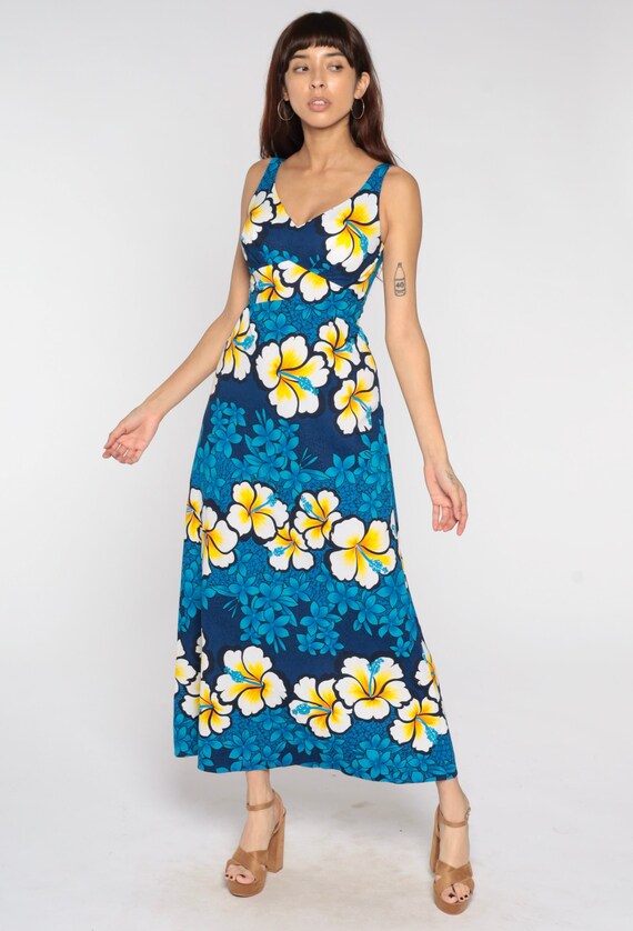 Hawaiian Maxi Dress 70s Hippie Blue Floral Print Long Tropical Bohemian Empire Waist 1970s Vintage Sleeveless Small