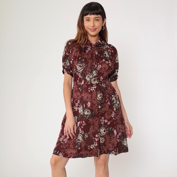 Vintage Semi-Sheer Floral Dress 70s Maroon Mini Bohemian Dress Button Up Boho 1970s High Waisted Short Puff Sleeve Romantic Small Medium