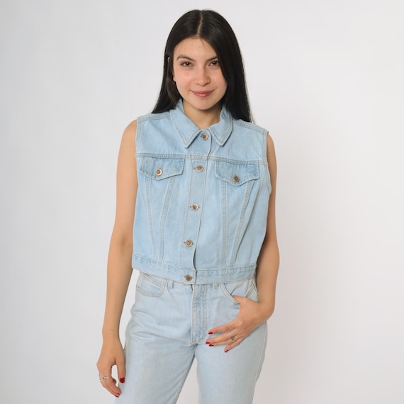 90s Denim Vest Faded Glory Light Wash Sleeveless Jean Jacket Button Front Pocket Detail Streetwear Classic Blue Denim Vest Large L