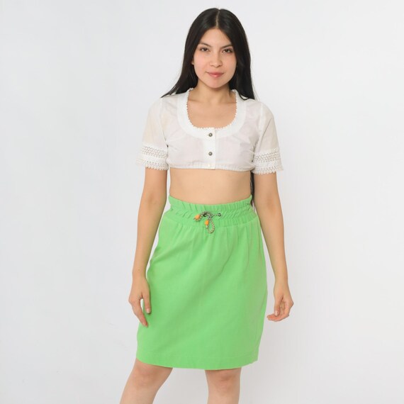 Vintage Lime Green Mini Skirt Elastic Waist Pencil Skirt 90s Neon High Drawstring Waist Retro Casual Plain Summer 1990s Cotton Small S