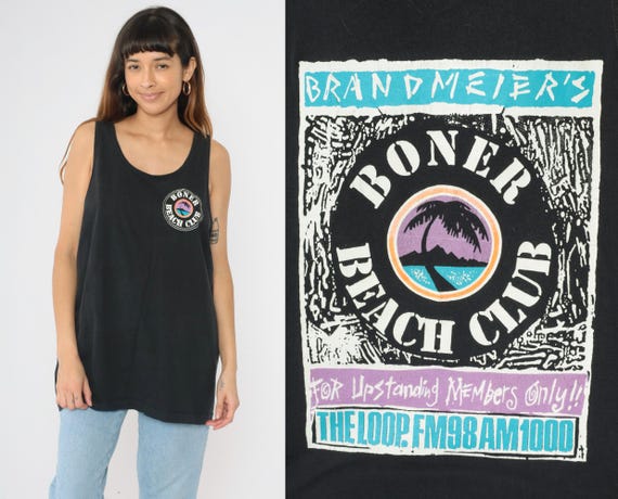 Vintage Boner Beach Club Tank Top 90s Brandmeier’s The Loop FM 98 Radio Shirt Chicago Black Tropical Palm Tree Fruit of the loom XXL