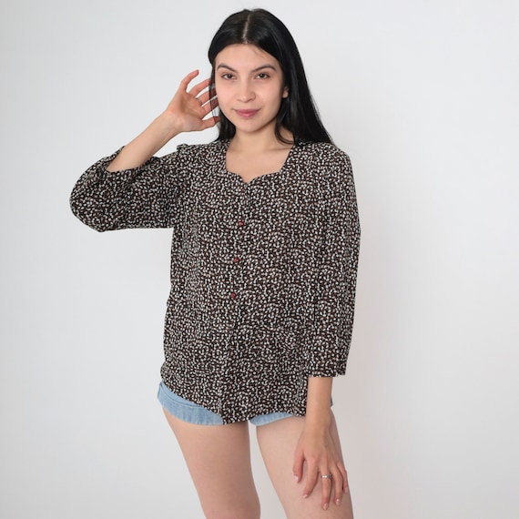 90s Calico Blouse Floral Button Up Shirt Black White Brown Ditsy Print 3/4 Sleeve Top 1990s Vintage Retro Grunge Boho Medium