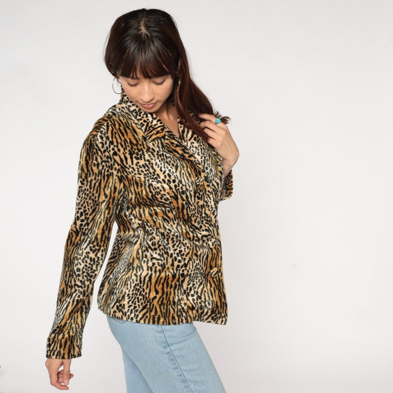 Animal Print Jacket 90s Faux Fur Coat Button up Blazer Cheetah Leopard Tiger Stripe Boho Cocktail Party Furry Fuzzy Vintage 1990s Large L image 4