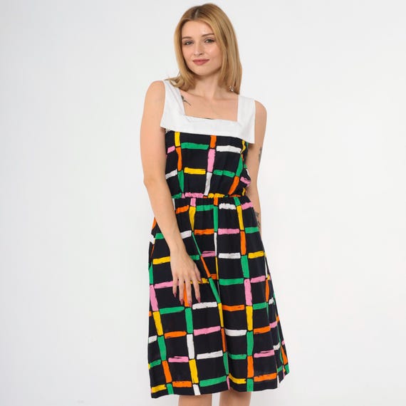 Vintage Checkered Sun Dress 80s Midi Black Rainbow Sailor Collar High Waist Sundress Sleeveless Full Skirt Summer 1980s Small S