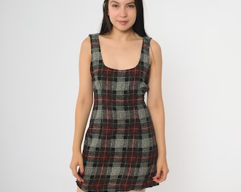 Vintage 90s Plaid Sheath Dress Backless Grey Checkered Dress Mini Grunge Sleeveless Low Back Dress Pencil Green Red Small S