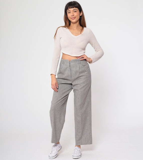 Vintage Wool Blend Trousers 80s Grey Straight Leg Pants High Waisted 1980s Dark Academia Dress Pants Small Medium