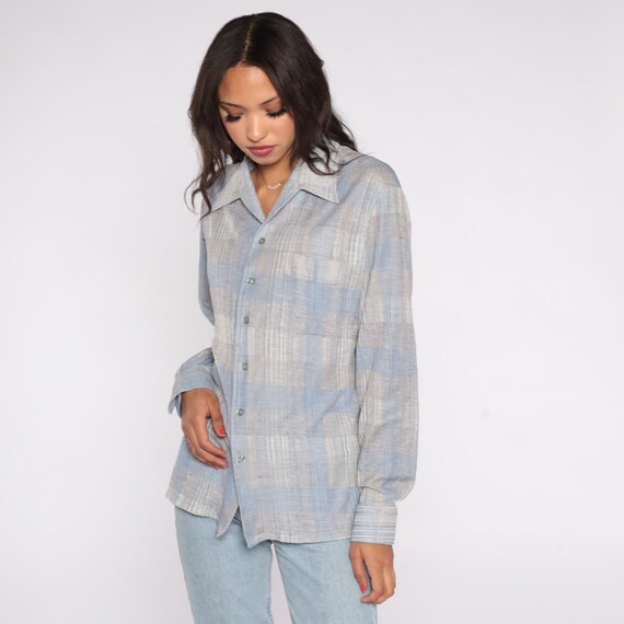 70s Plaid Shirt Blue Gray Button Down Long Sleeve Vintage Polyester Casual Textured Lightweight Men's Retro Layering Autumn Extra Large XL