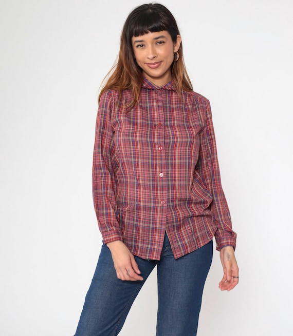 70s Plaid Shirt Red Tartan Button Up Checkered Print Shirt Preppy Collared 1970s Top Long Sleeve Vintage Multicolored Blue Green Small S