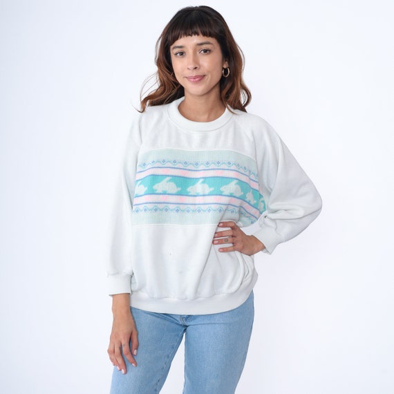 90s Bunny Sweatshirt White Rabbit Sweater Heart Animal Sweatshirt 1990s Jumper Graphic Shirt Mock Neck Pink Kawaii 1980s Vintage 20W