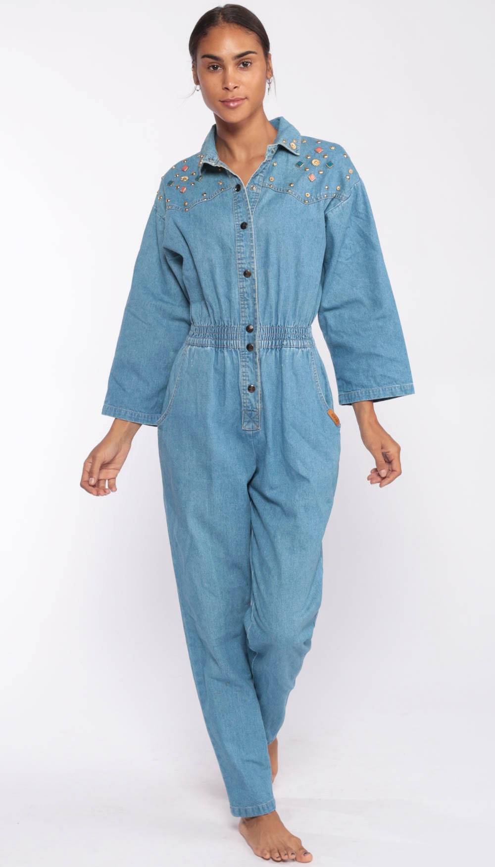 denim jumpsuit with boots