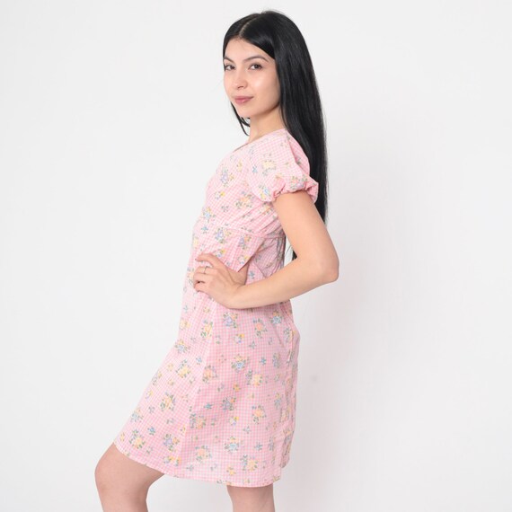 60s Babydoll Dress -- Pink Gingham Floral Mod Min… - image 5