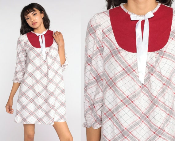 Plaid Nightgown 80s Pajama Dress Checkered White Cotton Nightie 80s Retro tent Dress Bib 1980s Mini Small