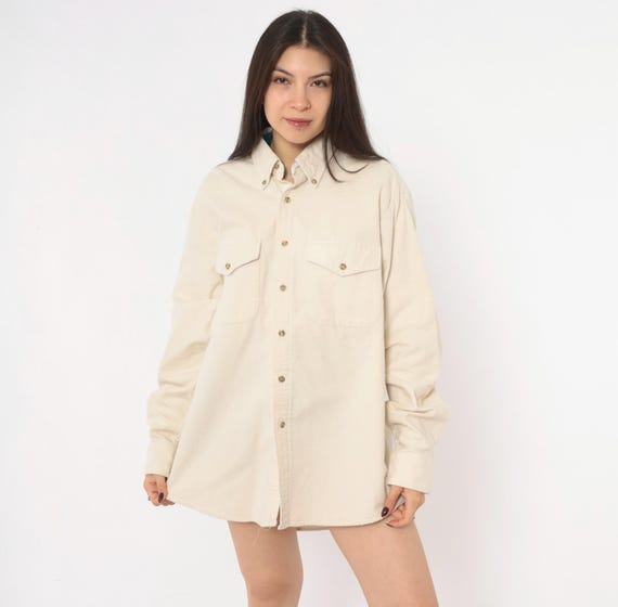 90s Cream Flannel Shirt Cotton Button Up Long Sleeve Chest Pockets Button Down Collar Off White Grunge Neutral Plain Womens Top Medium M