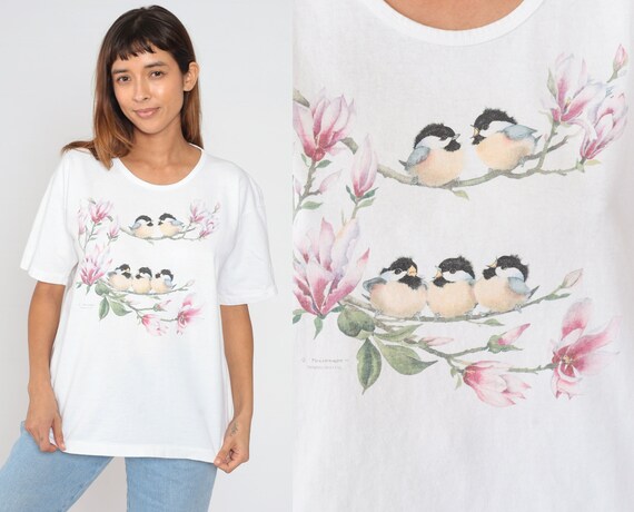 Floral Bird Shirt 90s T-Shirt Birds Flower Graphic Tee Retro Boho Hippie TShirt Birdwatcher Single Stitch White Vintage 1990s Extra Large xl