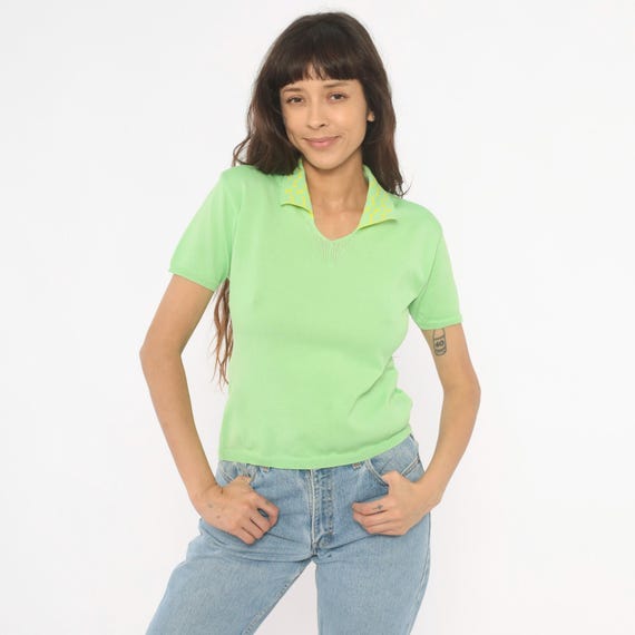 Lime Green Polo Knit Short Sleeve Top Yellow Patterned Collar Mint Fitted Blouse Preppy Collegiate Tennis Style Shirt Spring Summer Small S
