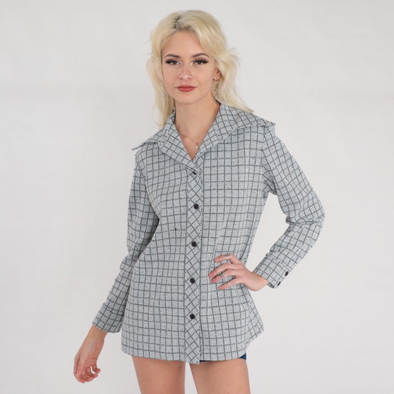 70s Checkered Top Grey Button up Blouse Wing Collar Long Sleeve Shirt Black Check Print Preppy Collared Disco Vintage 1970s Medium Large