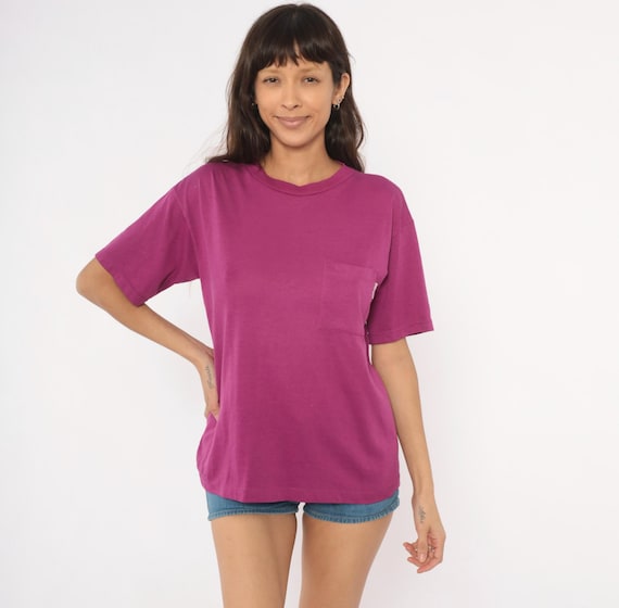 Plum Pocket Tee 80s Cotton Crew Neck Shirt Purple Plain Boxy Relaxed Fit Short Sleeve Top Solid Color Basic Blank Vintage Unisex Medium M