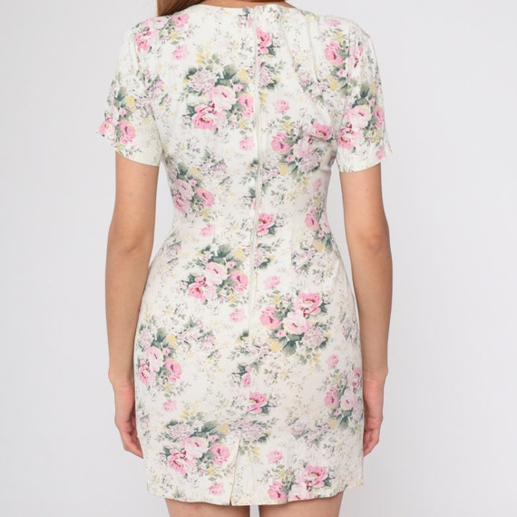 Cream Floral Dress 90s Mini Dress Short Sleeve Ro… - image 8