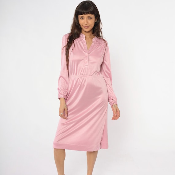 70s Pink Dress Button Front V Neck Elastic Waist Smocked Shoulder Knee Length Vintage Coquette Summer Spring Sundress Medium Large M L