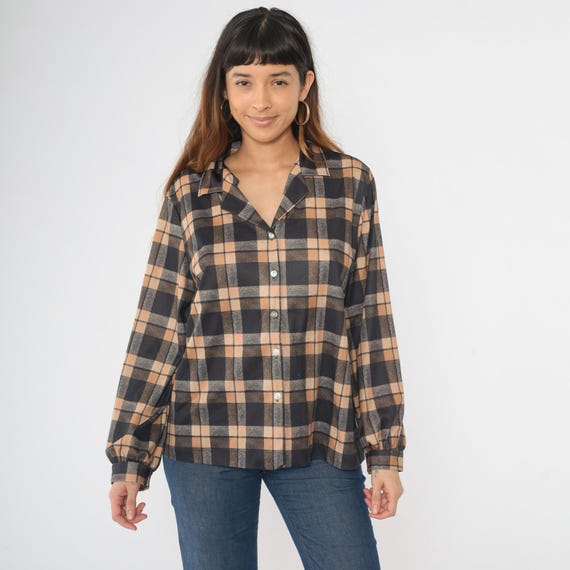 Vintage Black Checkered Shirt 70s Tan Plaid Button up Blouse Retro Preppy Collared Top Long Sleeve 1970s Size 20 1/2 Extra Large xl