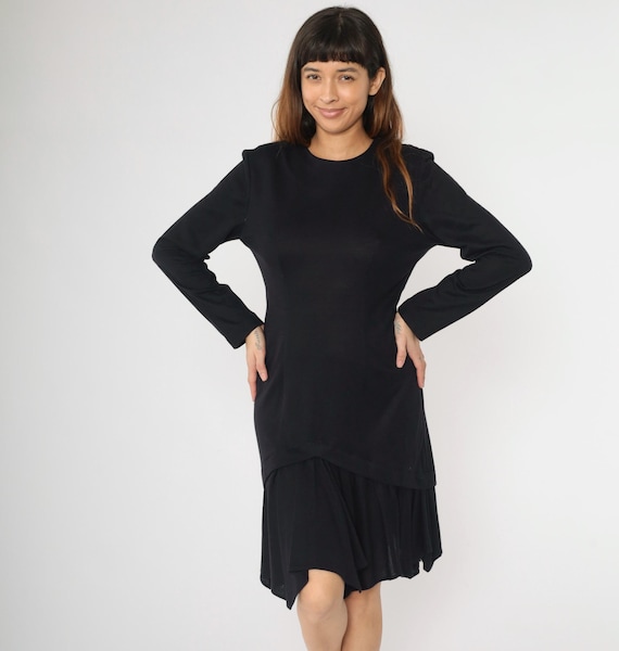Vintage 90s Black Knit Dress Asymmetric Layered Hem Midi Long Sleeve Minimalist Retro Style Draped Basic Plain Acrylic Medium M
