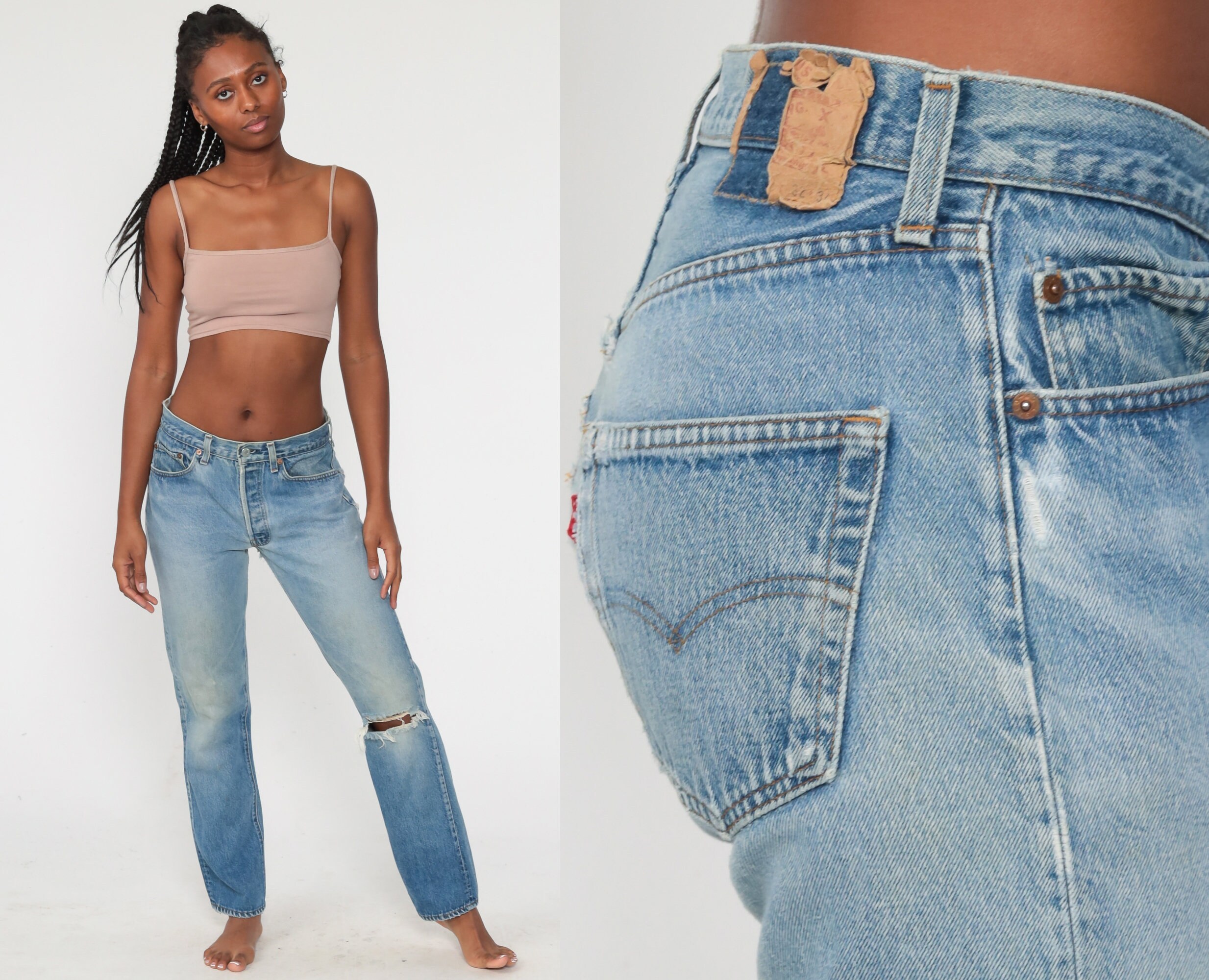Ripped Levis Jeans 31 90s Button Fly Mid Rise Waist Jeans 90s Boyfriend Butt Rip Levi Distressed 80s Denim Pants Vintage Medium 31