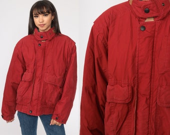 Red Puffer Coat Goose DOWN Jacket 80s Winter Coat Puffy Jacket Retro Ski Coat 80s Vintage Puffer Hooded Jacket Zip Up Medium Large