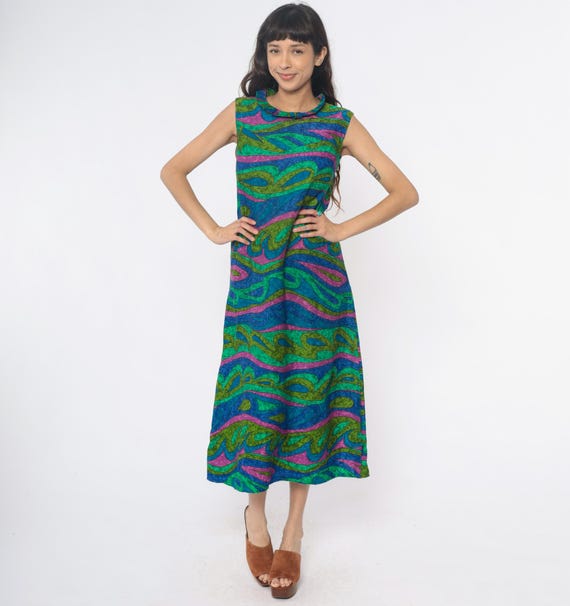 70s Psychedelic Dress Swirl Wave Print Green Blue Pink Cotton Shift Pattern Vintage Summer Bohemian Hippie Disco Abstract Extra Small XS