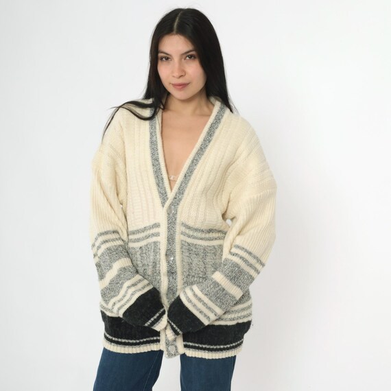 Men's Vintage Striped Cardigan 80s Cream Textured Knit Button up Sweater Flecked Grey Retro V Neck 1980s Large L