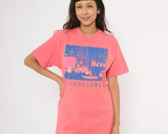 90s Cleveland Marina Tee Coral Pink Sailboat Graphic Cotton Souvenir Travel City Print Blue Salmon Tropical Palm Tree Shirt Extra Large XL