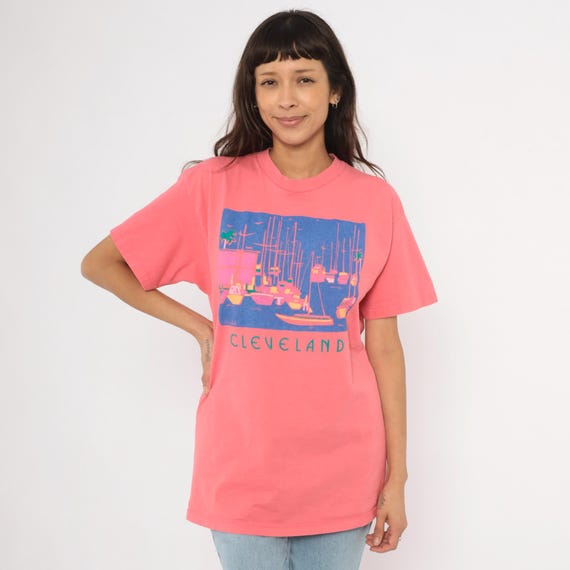 90s Cleveland Marina Tee Coral Pink Sailboat Graphic Cotton Souvenir Travel City Print Blue Salmon Tropical Palm Tree Shirt Extra Large XL