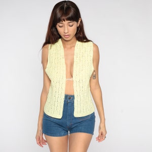 70s Crochet Vest Sheer Pale Yellow Knit Top 70s Hippie Boho Vest Open Weave 1970s Vintage Open Front Bohemian Sleeveless Sweater Small